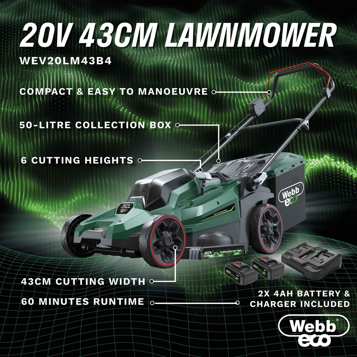 Webb Eco 40V 43cm Cordless Rotary Mower with 2 x 4AH Battery & Charger