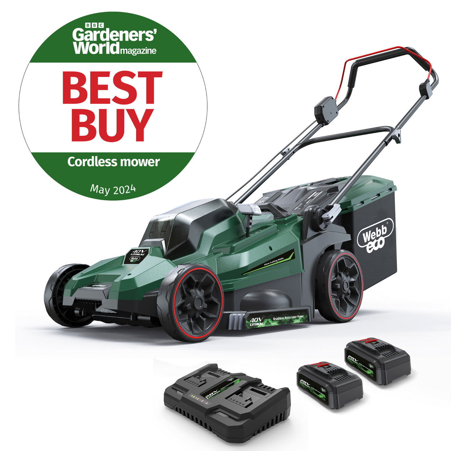 Webb Eco 40V 43cm Cordless Rotary Mower with 2 x 4AH Battery & Charger
